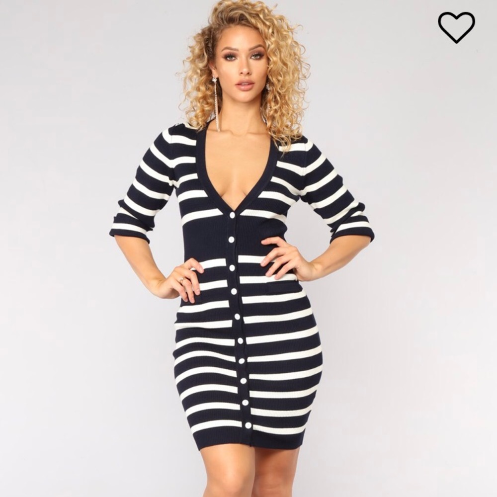 Navy and white ribbed button dress